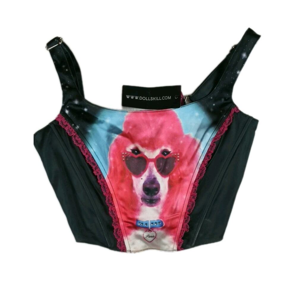 dELiA*s X Dolls Kill Womens Rhinestone Poodle Tank Top Corset Lace Up Size S